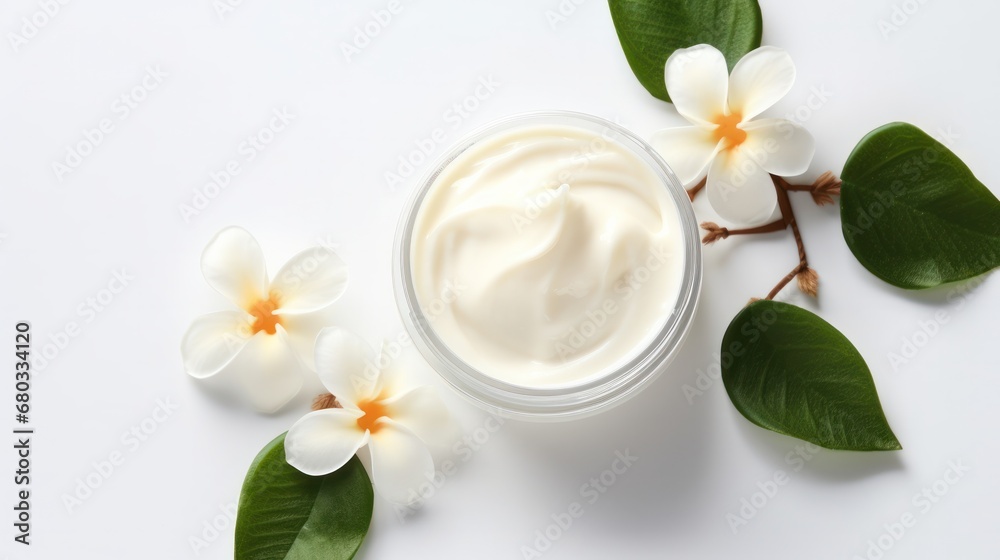 whitening and moisturizing Face cream in an open glass jar and flowers on white background. Set for spa, skin care and body products and solutions for skin problems such as scars, acne, wrinkles. whitening and moisturizing Face cream in an open glass jar and flowers on white background. Set for spa, skin care and body products and solutions for skin problems such as scars, acne, wrinkles.