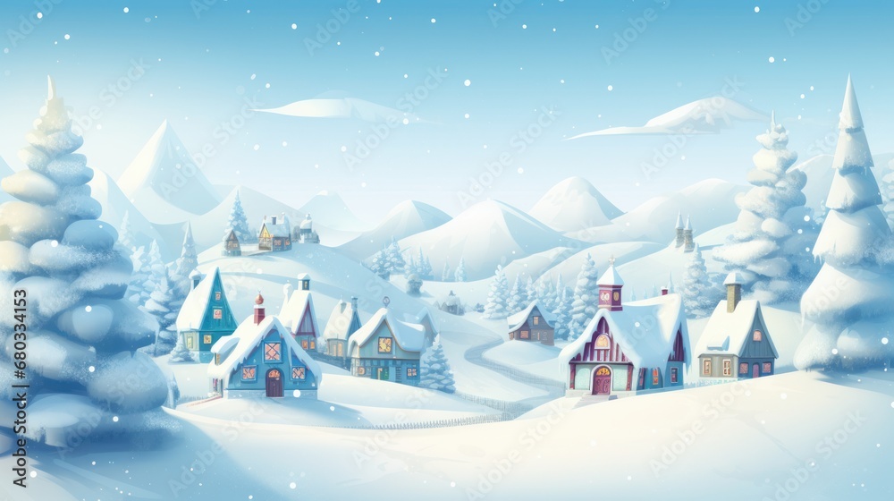 Illustration of a festive Christmas village with snowflakes AI generated illustration
