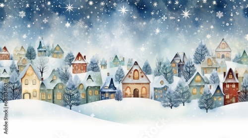 Illustration of a festive Christmas village with snowflakes AI generated illustration © ArtStage
