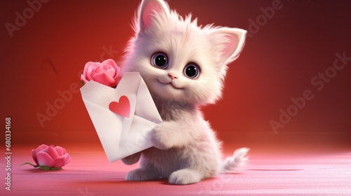 Kitten delivering heart shaped love letter AI generated illustration © ArtStage
