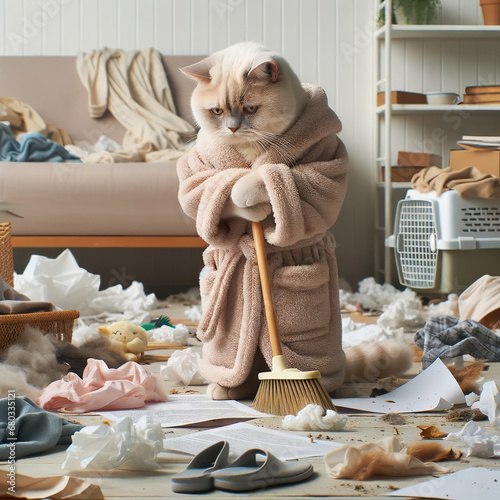 A light beige cat in a bathrobe, with a sad expression on his muzzle, is cleaning the room. The room is a terrible mess: things, papers, pieces of fabric and shoes are scattered. Naughty cat