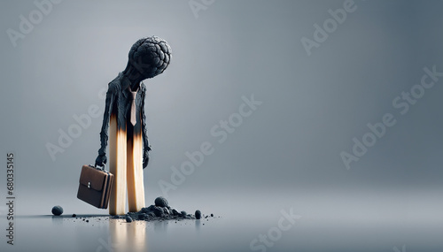 Burnout concept at work. Surreal image of a man in the shape of a burnt match standing against a gray background. The worker holds a briefcase, emphasizing the business context of the image