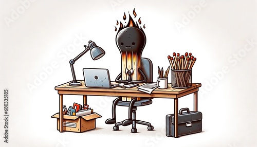 Burnout at work, concept. A cartoon image of an office worker with his head on fire, at an office desk, in front of an open laptop. Tense work atmosphere