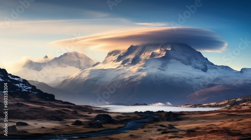 Ethereal lenticular clouds hovering over mountain peaks
 photo