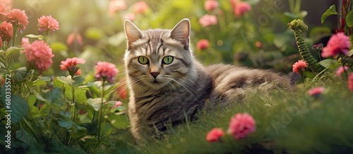 background of a picturesque garden, a cute cat lounges on the green grass, surrounded by blooming spring flowers and vibrant leaves, adding to the beauty of the nature.