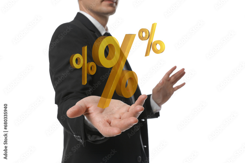 Discount offer. Man holding illustrations of percent signs isolated on white, closeup Discount offer. Man holding illustrations of percent signs isolated on white, closeup