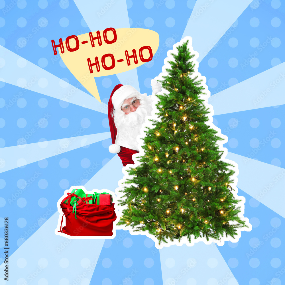 Creative collage. Santa Claus hiding behind Christmas tree against color background Creative collage. Santa Claus hiding behind Christmas tree against color background