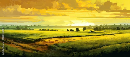 golden evening light, the expanse of green fields stretched out until they met the yellow margin where the ground melded with the vastness of space.