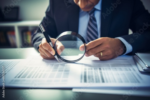 Accountant reviewing financial documents with magnifying glass, focus on detail and accuracy.