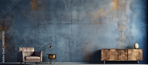 In an abstract blend of texture and design, the vintage art piece showcased the construction of space on the wall, with paint transforming the grunge blue wallpaper into a mesmerizing vintage metal photo