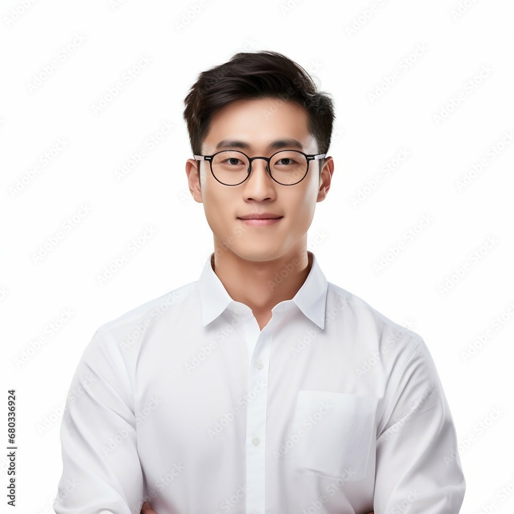 Modern Style: Handsome Young Asian Man with Eyeglasses on White Background. Generative ai Modern Style: Handsome Young Asian Man with Eyeglasses on White Background. Generative ai