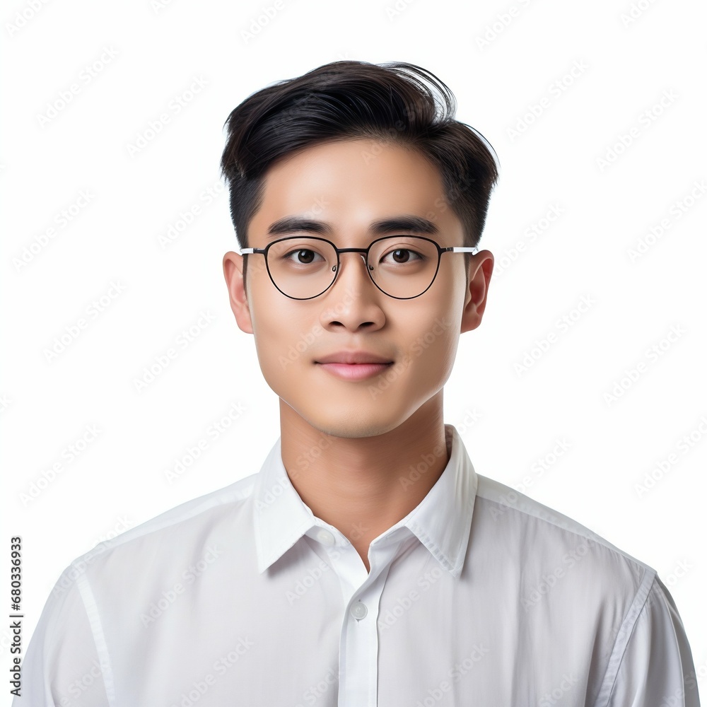 Modern Style: Handsome Young Asian Man with Eyeglasses on White Background. Generative ai