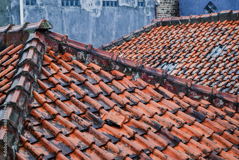 Fototapeta premium One of the wet roof tile miss the line, i took a picture after the rain from balcony.