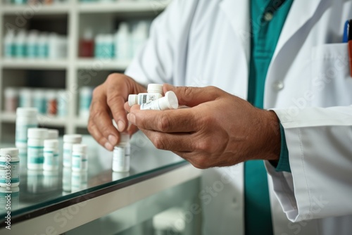 Close-up of a pharmacist dispensing medication, emphasizing pharmaceutical care.