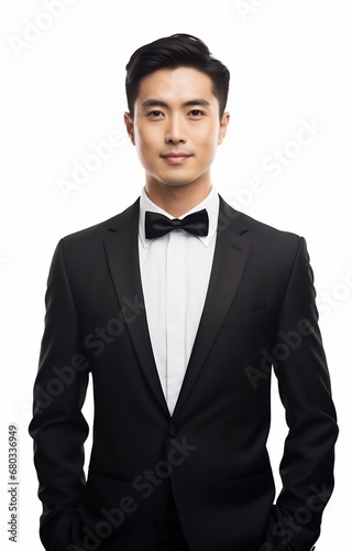 Dapper Elegance: Handsome Asian Man in Tuxedo on White Background. Generative ai