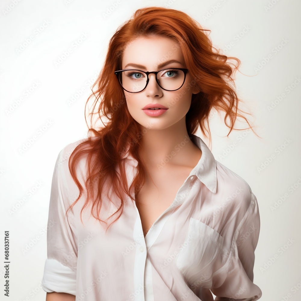 Red-Haired Woman in Eyeglasses and Shirt. Generative ai