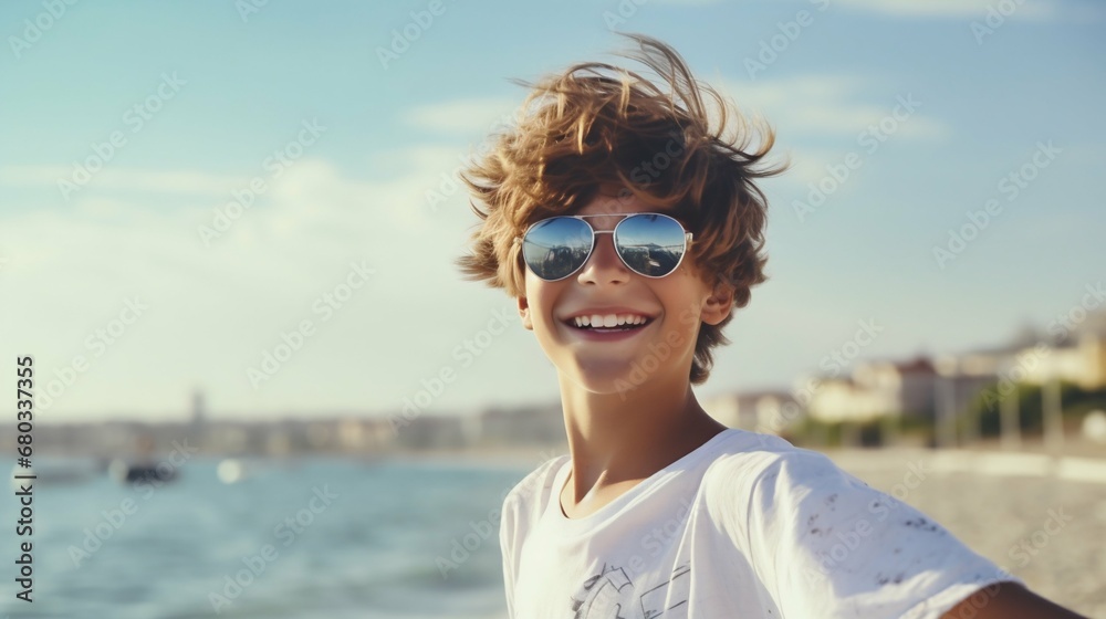 Happy Smiling Boy Teen Enjoying Summer Vacation by the Sea. Generative ai
