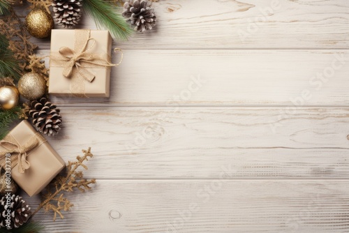 Holiday background with fir tree branches, various gift boxes, pine cones, arranged on a white rustic wood surface.