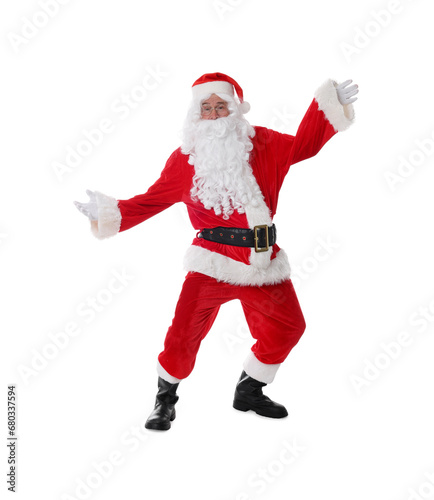 Man in Santa Claus costume posing on white background