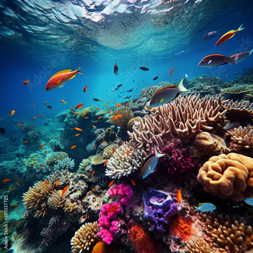 A mesmerizing underwater view of colorful coral reefs surrounded by a variety of fish species. AI Generative.