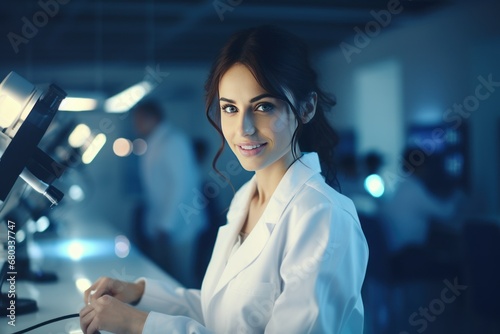 Smiling female scientist with microscope, advanced laboratory, white coat, medical research, professional team, innovation.
