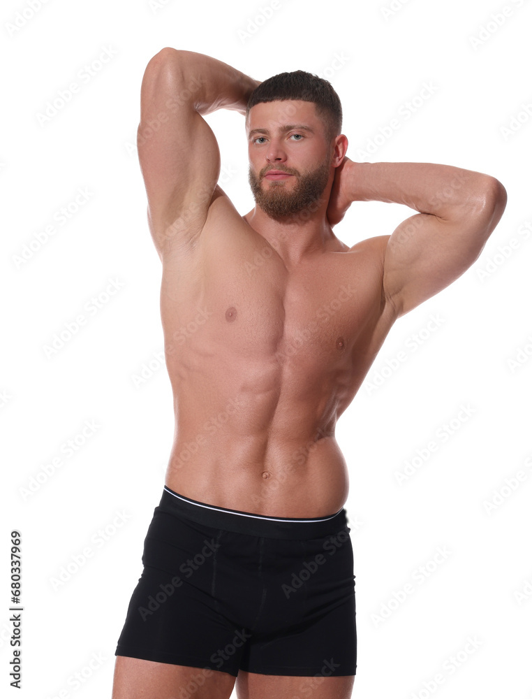Young man is stylish black underwear on white background Young man is stylish black underwear on white background
