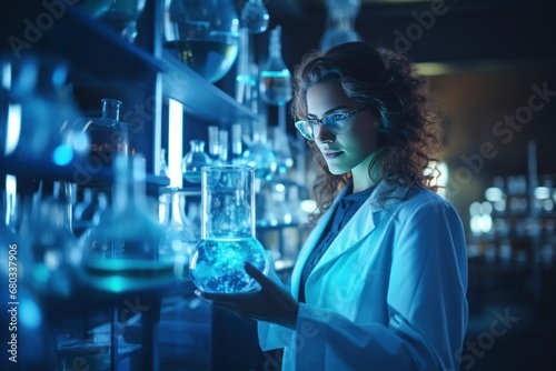 Young researcher with lab glassware, innovative laboratory, white coat, medical experimentation, collaborative scientific team.