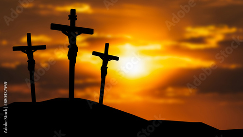 Slika na platnu The Crucifixion Of Jesus Christ in twilight sky 3d rendering.