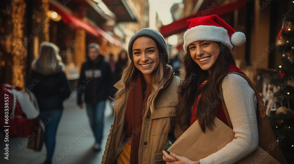 Young women in Santa hats walk, smiling with shopping bags on busy street. Festive and cheerful holiday season atmosphere