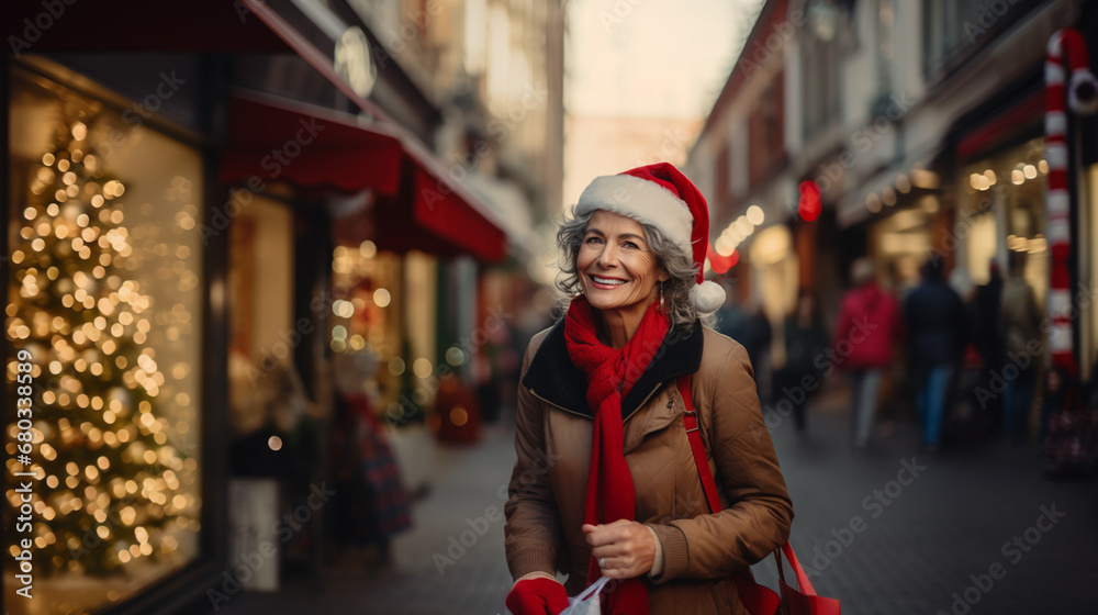 Smiling older woman in Santa hat walks city street, carrying red bag. Festive atmosphere captures joy of holiday season.