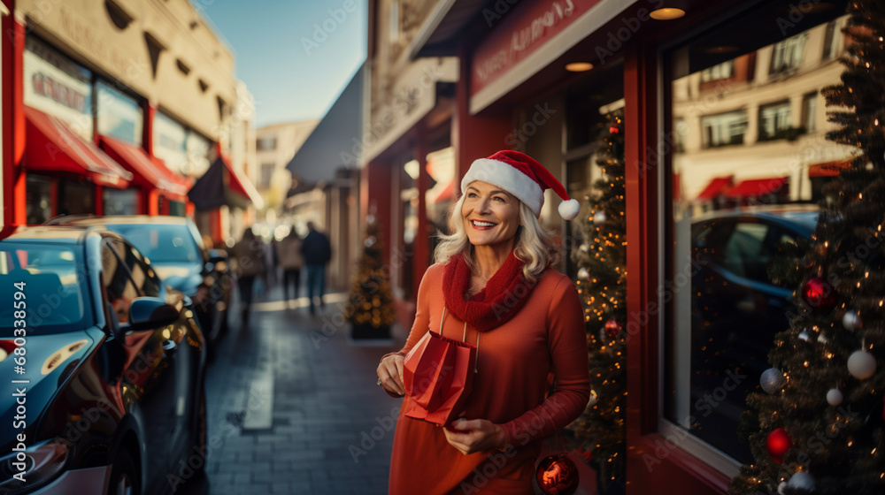 elderly or mature woman in Santa hat enjoys festive city street, shopping for Christmas gifts. Joy and excitement of holiday season.