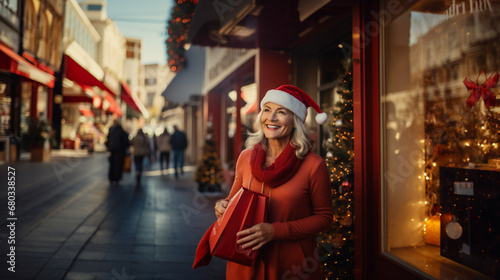 elderly or mature woman in Santa hat enjoys festive city street, shopping for Christmas gifts. Joy and excitement of holiday season.