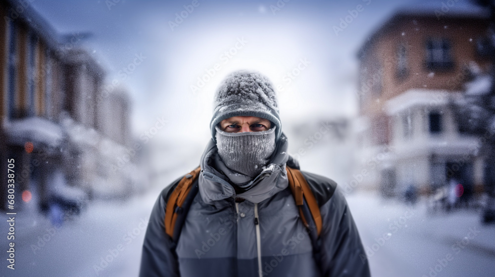 Young man stands in snowy city wearing gray and white hat and scarf, backpack on back. Enjoys winter weather with adventure