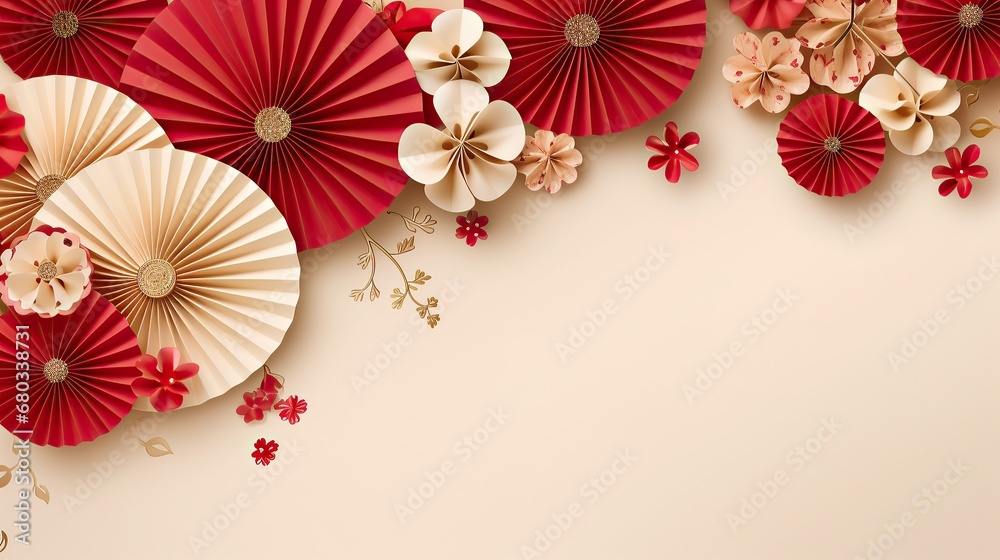 Red and gold paper fan Chinese decoration background for lunar Chinese new year concept