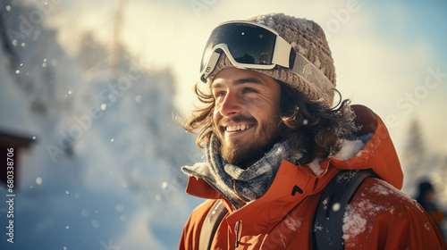 smiling man in orange jacket enjoys snowy landscape, wearing goggles. Embracing outdoor winter activities.