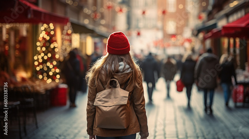 woman in red beanie walks snowy street, festive ambiance, city scene. fictional location