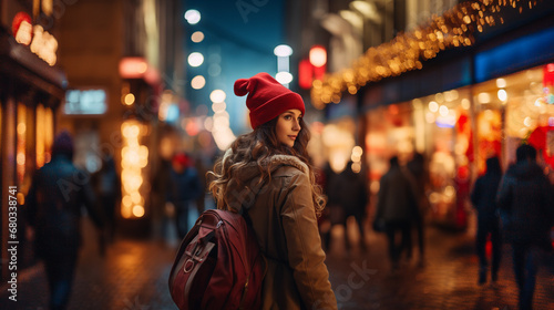 nighttime city stroll: young woman in red hat and coat enjoys vibrant street life.. fictional location