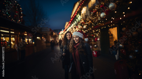 young woman in Santa hat laughs with friend, surrounded by Christmas lights and joyful atmosphere