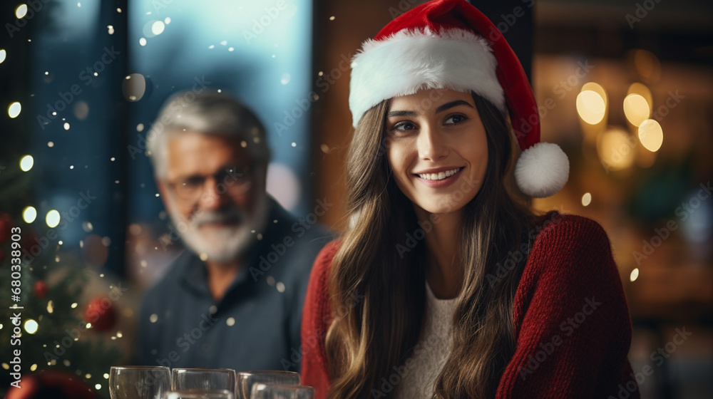 family celebrates Christmas with adult daughter, smiling in festive dining scene family celebrates Christmas with adult daughter, smiling in festive dining scene
