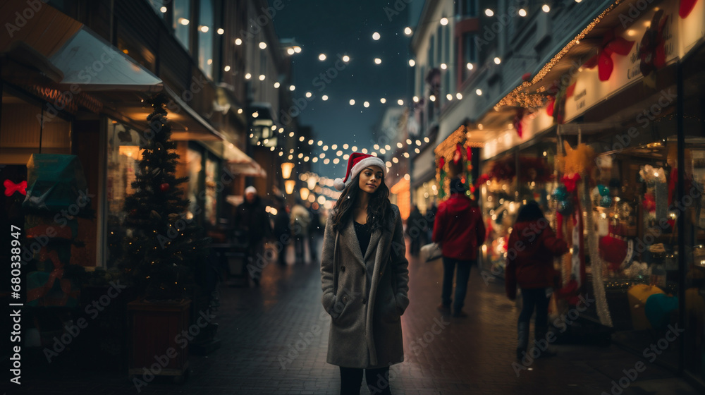 festive woman in santa hat on city street at night, joyful crowd, capturing holiday joy and diverse urban atmosphere