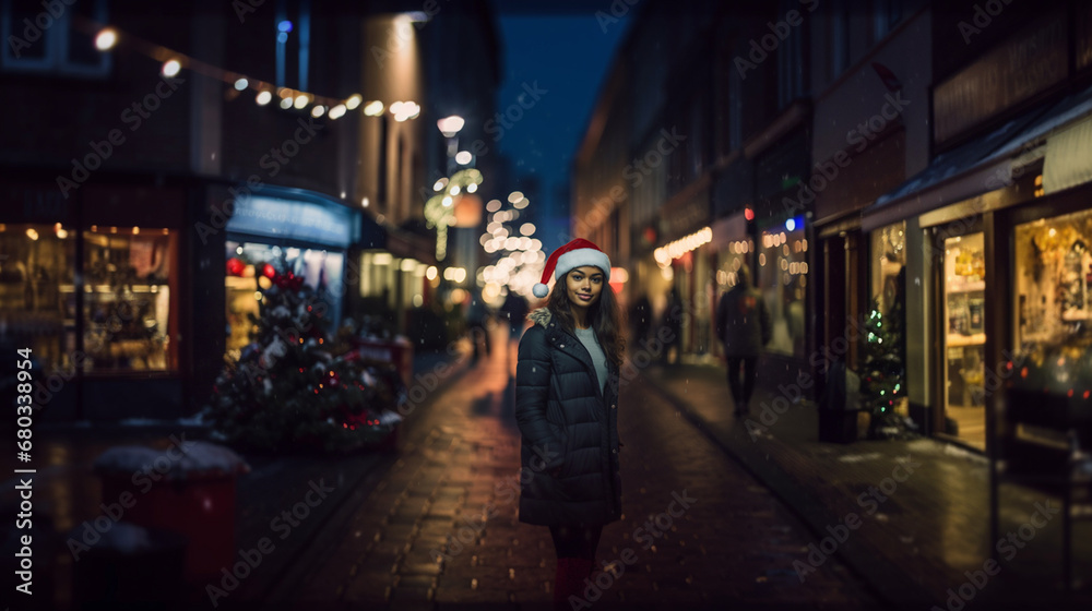 festive woman in santa hat on lively city street at night, joyful atmosphere, adding warmth to holiday season