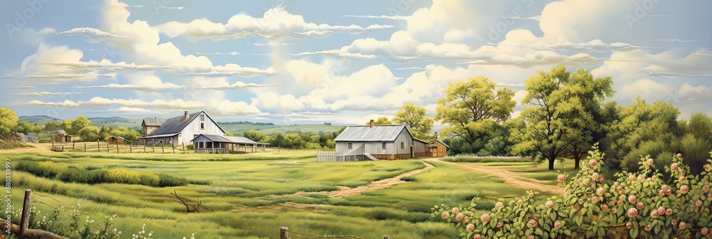 painting of a farm with an apple orchard in the background, generative AI