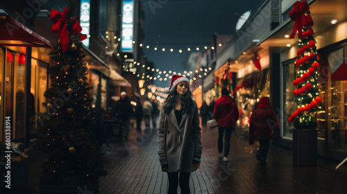 festive woman in santa hat on city street, joyful ambiance with Christmas lights and lively crowd © wetzkaz