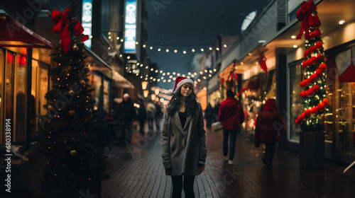 festive woman in santa hat on city street, joyful ambiance with Christmas lights and lively crowd