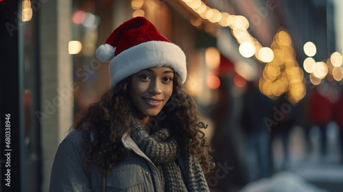 festive african-american woman in santa hat on city street at night, curious gaze adds to holiday cheer