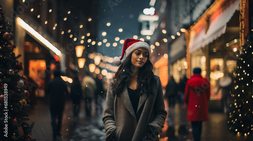 festive woman in santa hat on city street at night, joyful crowd, capturing holiday joy and diverse urban atmosphere