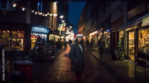 festive woman in santa hat on lively city street at night, joyful atmosphere, adding warmth to holiday season