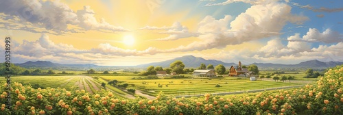 painting of a farm with an apple orchard in the background, generative AI