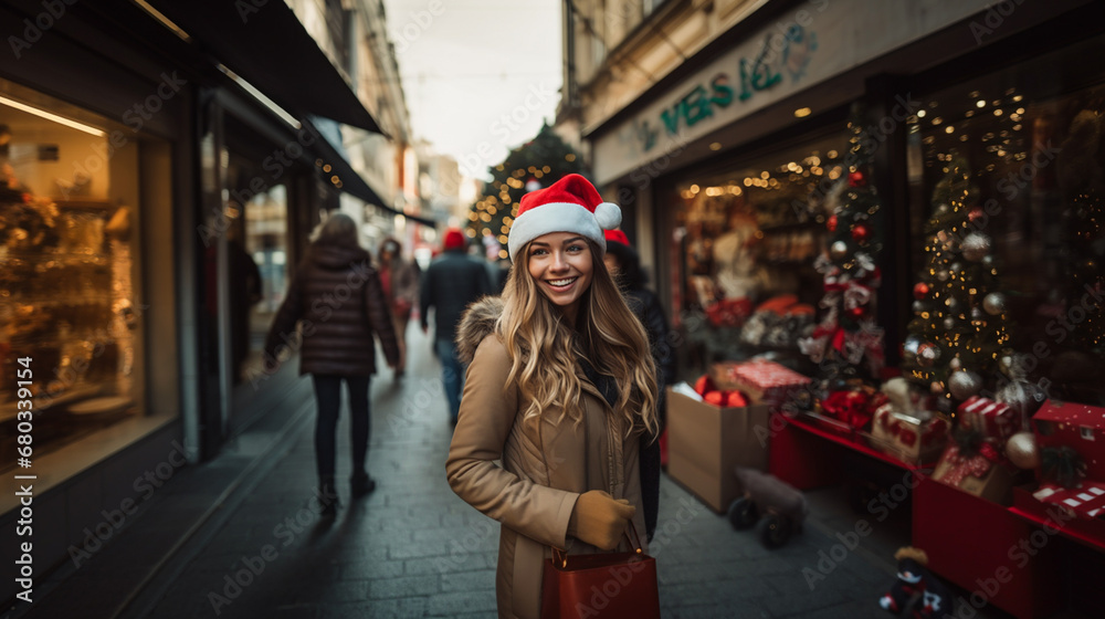 blonde woman in santa hat walks busy street, carrying red purse, festive atmosphere with people and Christmas trees, capturing holiday joy