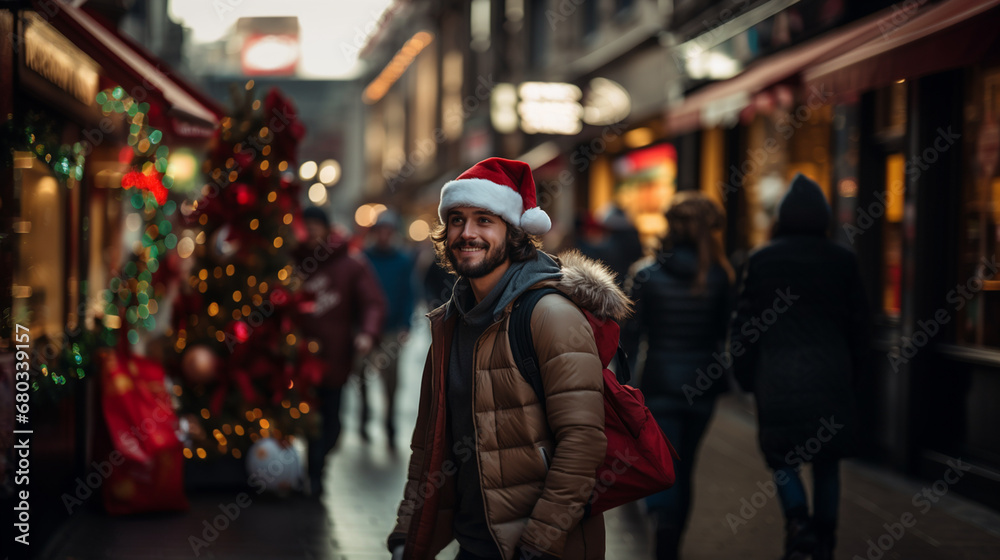 festive man in santa hat walks busy holiday street, smiling, joyful atmosphere with people and Christmas trees, embracing holiday spirit